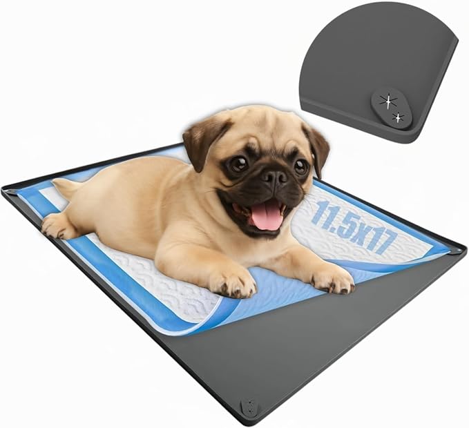 TidyFriend Puppy Pad Holder Tray Fits for 11.5” x 17” Pee Pads with Corner Lock Holes, Raised Edges, Non-Spill, Easy to Clean Silicone Puppy Potty Tray Holder, For Indoor Floor Protection (Grey)