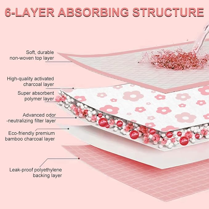 Pink Floral Dog Pee Pads, 23''x30'', 40 Count Leak-Proof Puppy Pads for Potty Training, Quick-Dry & Adhesive Tabs, Cute Flower Print for Small/Medium Dogs with Attractant