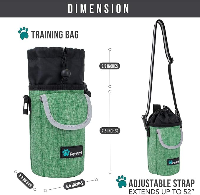 PetAmi Dog Treat Pouch, Large Hands-Free Training Bag, Green | Built-In Poop Bag Dispenser, Holds 3 Cups Of Treats, 4 Ways to Wear, D-Ring, Reflective Strap, Dog Treat Bag for Walking