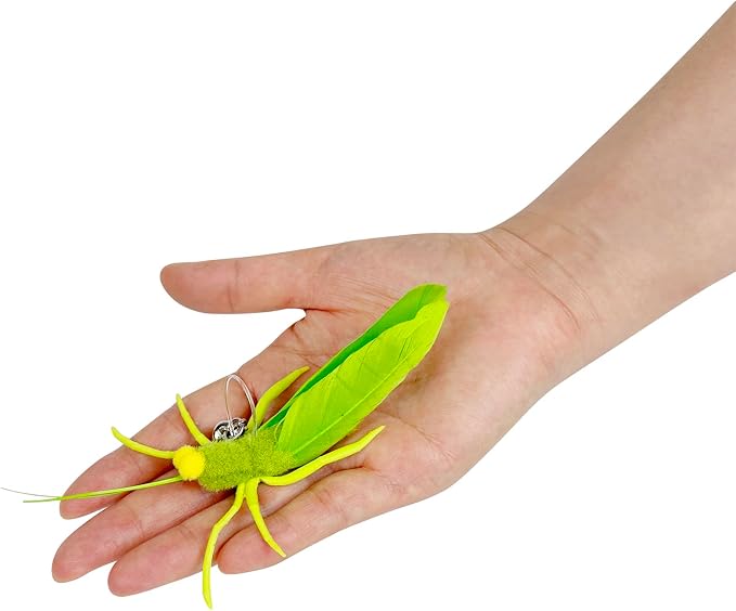 TTcat 3 Pack Dragonfly Grasshopper Cat Wand Refills, Realistic Natural Feather Insect Detachable Replacement Toy Heads with Bell, Universal Lobster Clip-on Cat Teaser Attachments.