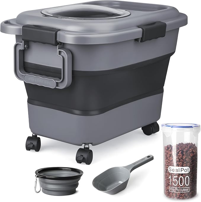 Dog Food Storage Container, 10-20 lbs Airtight Collapsible Cat Food Storage Container with Attachable Wheels, Portable Handle, Dog Food Scoop for Dog Cat Bird Pet Dry Food Storage Bin Dark Grey