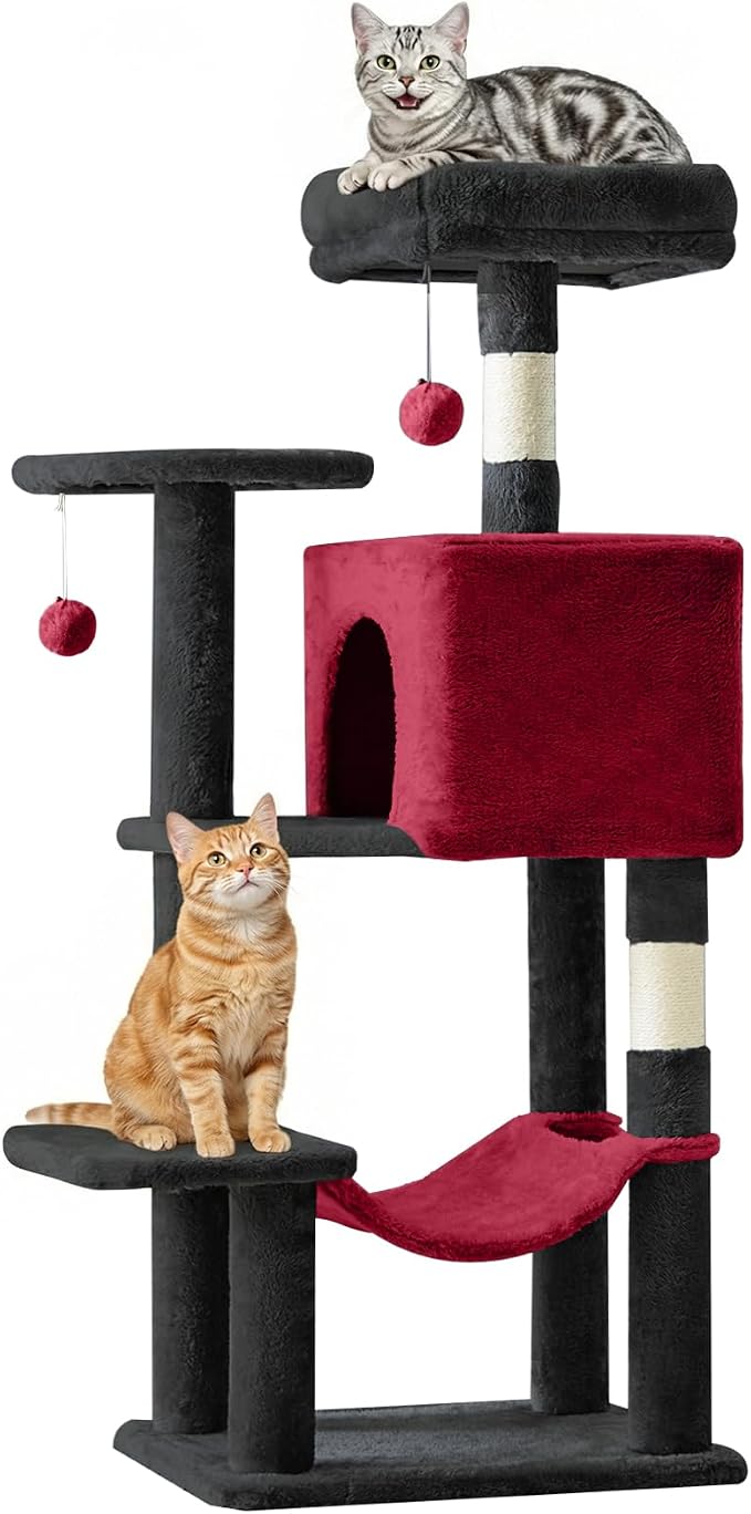 DUMOS 44 Inch Cat Tree Tower with Natural Sisal Scratching Posts | Small Cat Tree with Hammock, Pet Condo for Indoor Cats and Kittens Play, Black and Red