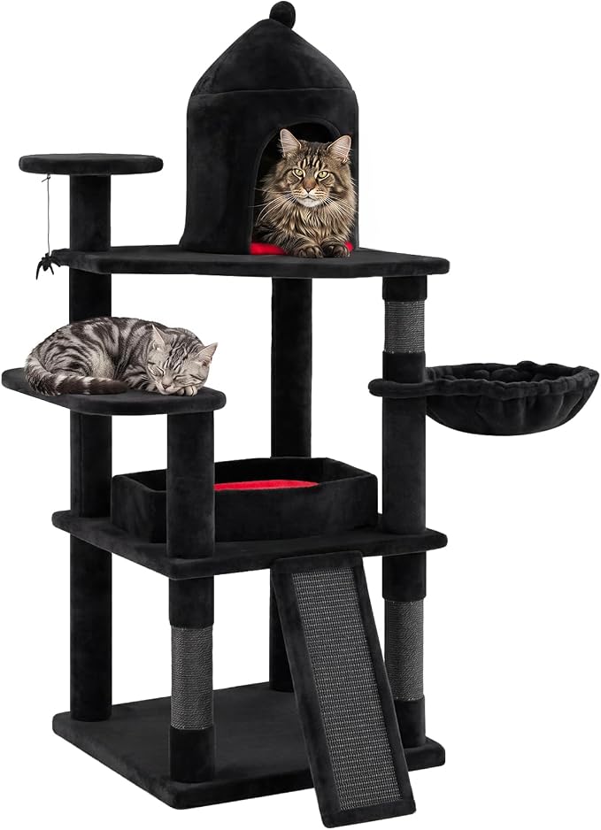 50-inch Gothic Cat Tree, Multi-Level Black Cat Tower | | Robust Scratching Posts | Coffin Bed | Castle-Shaped Comfy Cat Condo | Spider-Shaped Hanging Toy | Scratching Ladder |