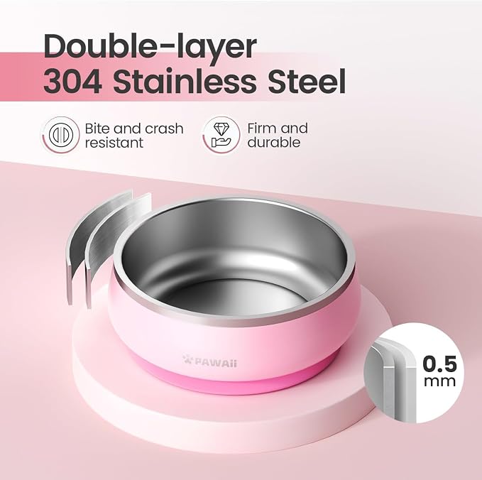 Pawaii Dog Bowl,68 oz Stainless Steel Food and Water Bowl,ID Tag,1 Pack | Double-Wall Design,Non-Slip Rubber Base,Dishwasher Safe,Smooth Open Design, Not a Slow Feeder,Easy-Rinse Interior