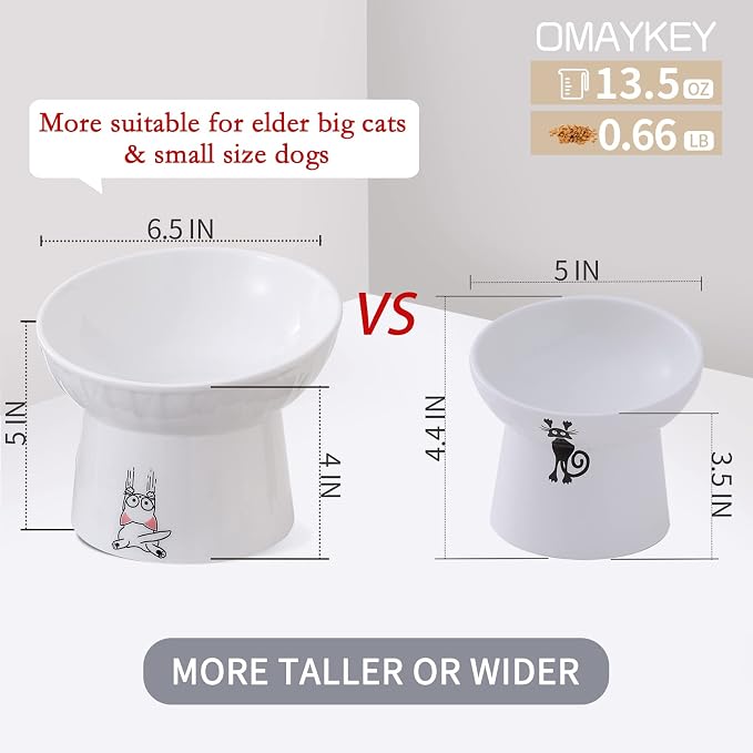 6.5 Inch Extra Wide Ceramic Raised Cat Bowls, Tilted Elevated Cat Bowl | Prevent Neck, Whisker Fatigue, Anti Vomit, for Elder Big Cats & Small Dogs, Dishwasher Microwave Safe, 2 Pack, White