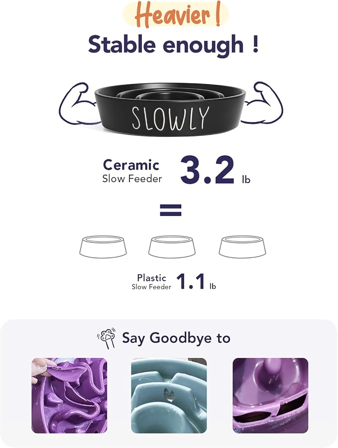 LE TAUCI PET Ceramic Slow Feeder Dog Bowl - 1.5 Cups Puzzle Feeder for Small & Medium Breeds, Maze Design Pet Dish for Puppy & Fast Eaters, Black Non-Slip Bowl to Control Eating Speed