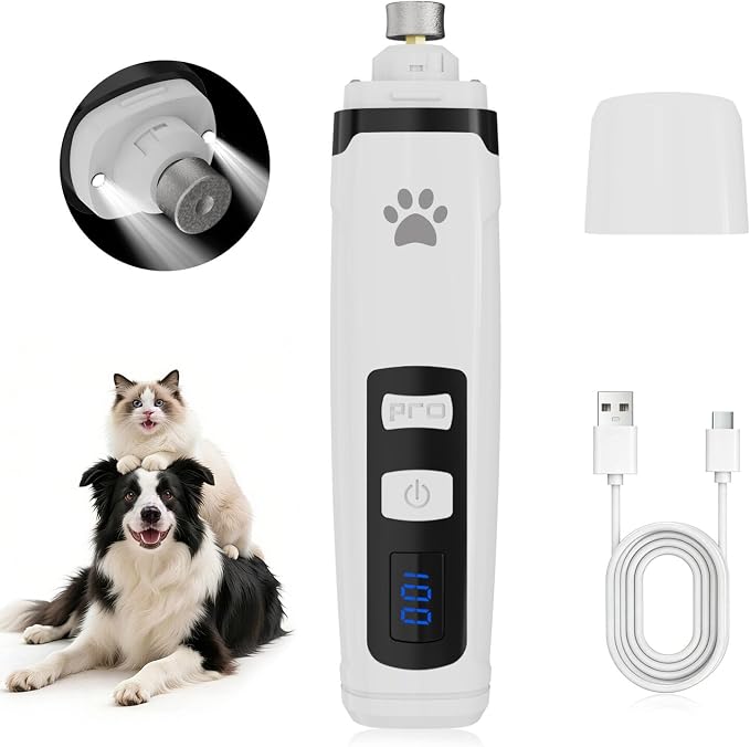 Pet Nail Grinder for Dogs & Cats, 6700 RPM Electric Dog Nail File with 1500mAh Battery & 4H Runtime, with Dual LED Lights, 2-Speed Rechargeable Pet Grooming Kit, Type-C Charging