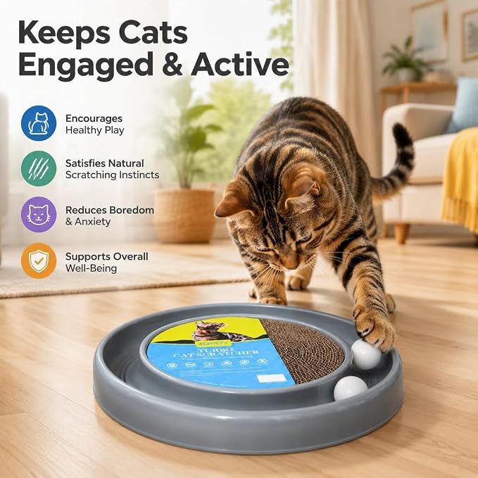 Cat Scratcher Toy Ball Track, Grey | Round Interactive Scratching Board, Exercise Set, For Indoor Cats, Mental & Physical Stimulation