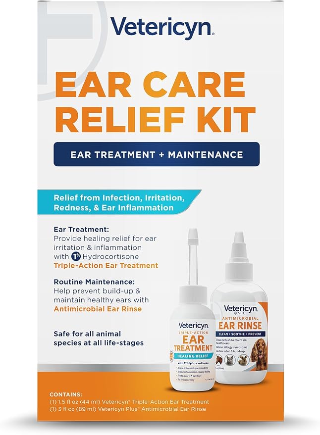 Vetericyn Ear Care Relief Kit for Dogs and Cats. Includes Triple-Action Ear Treatment for Relief from Ear Infection, Irritation, Redness, Plus Plus Ear Rinse for Routine Ear Cleaning