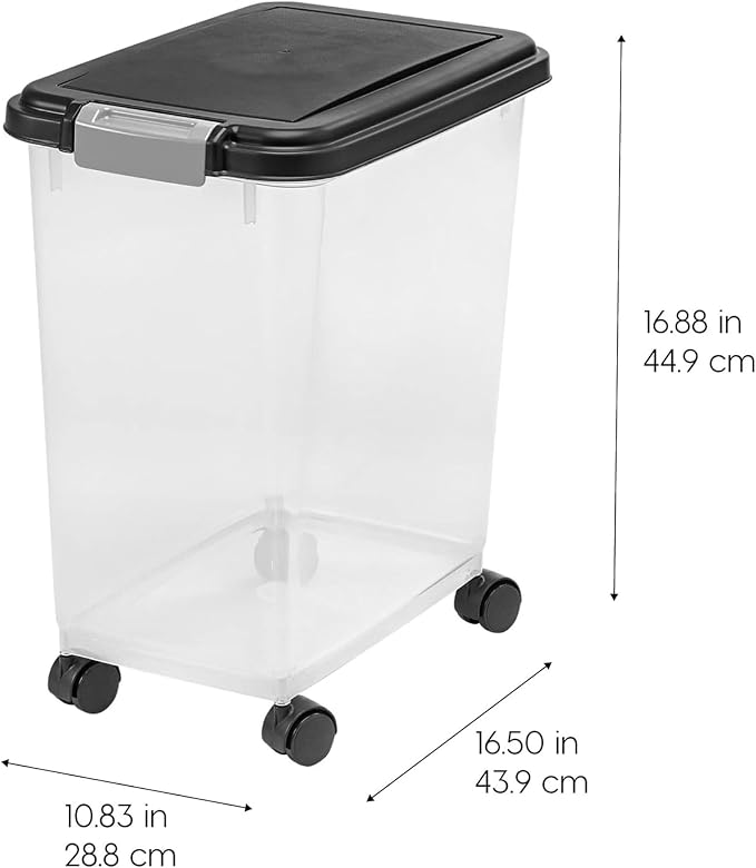 IRIS USA Airtight Pet Food Storage Container with Wheels, Black, 30 lb Capacity - BPA-Free Clear Plastic Bin with Snap-Lid Seal to Keep Kibble, Pellets or Seeds Fresh for Dogs, Cats and Birds
