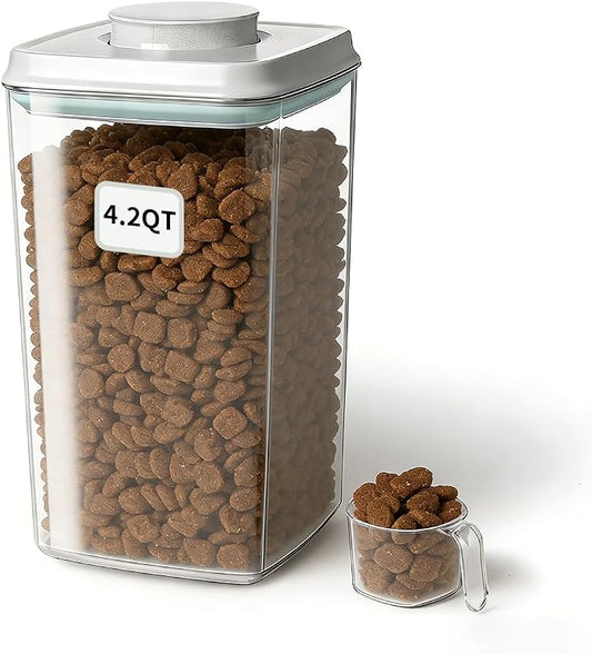 Dog Food Storage Container with One-Touch Lid, 4.22 QT / 4.0 L BPA-Free Cat Food Storage Container，Stackable Durable PET with 130ml Scoop, for Kibble, Treats, and Precise Feeding