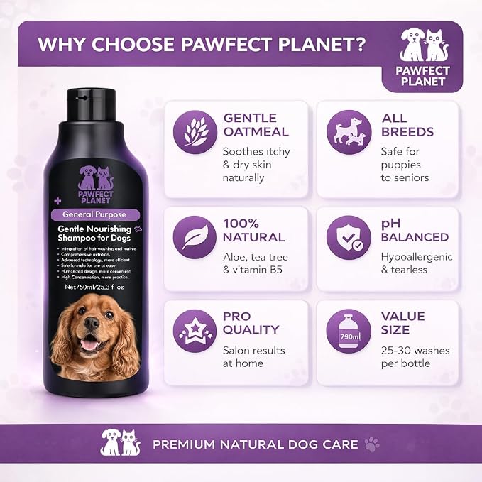 Dog Shampoo Oatmeal Aloe Vera - Gentle Nourishing Formula for Itchy Skin Relief - Natural Puppy Shampoo for Sensitive Skin Allergies - pH Balanced Pet Wash All Breeds 750ml