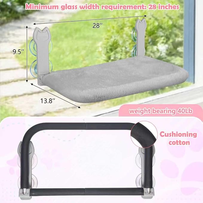 2 Pack Large Size Cat Window Perch,Cat Window Hammock Cordless Foldable Window Bed with 4 Large Strong Suction Cup,Reversible Cushion Cover,Metal Frame Easy to Adjust Window Seat (Gray,L)