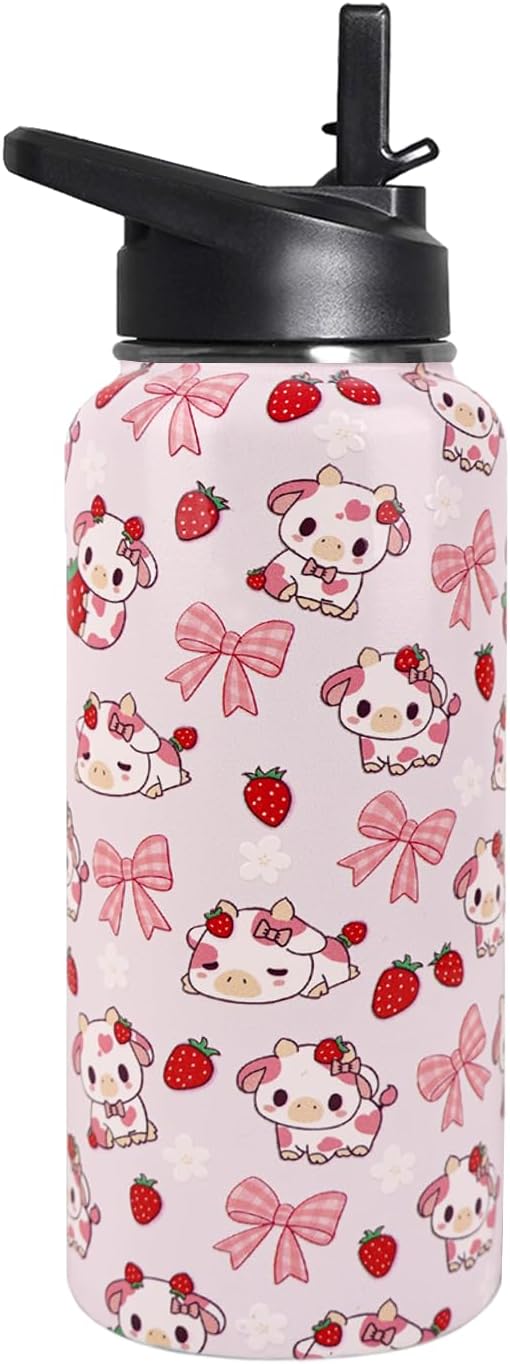 32oz Strawberry Cow Stainless Insulated Aater Water Bottle with Straw Gym Hiking Sports Coffee Mug Cup Water Bottles,Penguin Gifts for Women,Strawberry Cow Decor Stuff Accessories