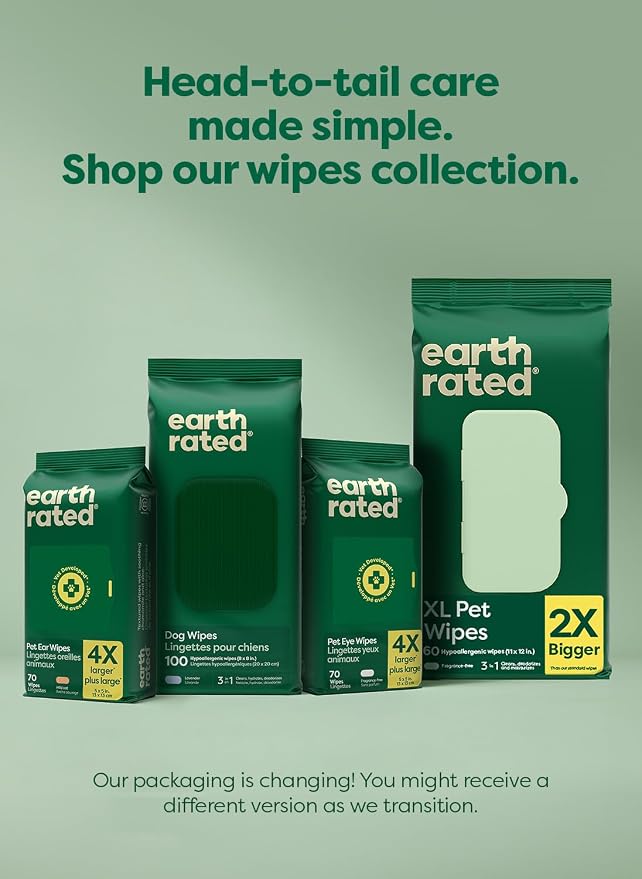 earth rated XL Pet Wipes for Dogs & Cats, Unscented Hypoallergenic, 60 Ct