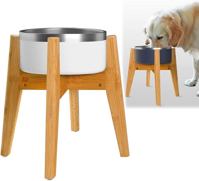 Dog Bowl Stand for Large Dogs - Adjustable, Bamboo | Use to Elevate, Raise Pet Food Water and Slow Feeder Bowls, Expandable with Locking Option, Non-Slip Feet, Stand Only