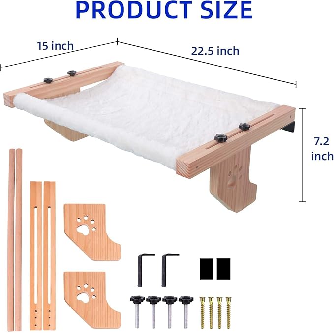 ESPETS Wooden Cat Window Hammock for Large Cats, White Kitten Window Perch | Solid Wood Window Ledge Perch, Sturdy Large Size Shelves, Soft Thick Removable Cushion, Easy Assemble Adjustable, Hold 50LBS