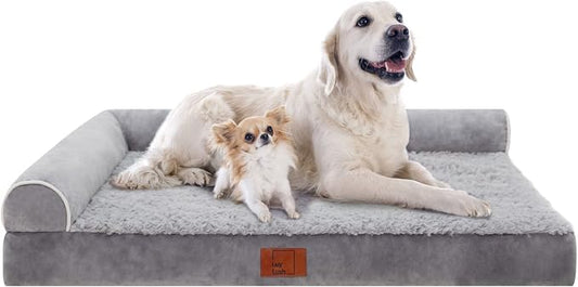 Orthopedic Dog Bed, Pet Sofa with Bolster for Extra Large Dogs | Egg Crate Foam, Removable Washable Cover, Waterproof Lining, Non-Slip Bottom, L-Shape, Cozy Plush, 42 x 30 Inch, Grey