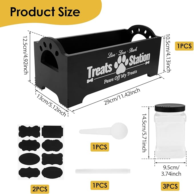 Dog Treat Container for Countertop Dog Food Storage with 3 Plastic Treat Jars Wood Dog Food Container with Handles and Lids Farmhouse Practical Pet Cat Dog Treat Storage Containers (black)