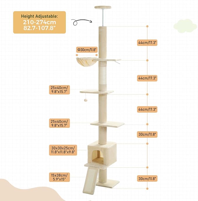 PEQULTI Floor to Ceiling Cat Tree, Adjustable 83-108in 5-Level Tower, Beige | Tension-mounted tall cat tower with 5 levels, cozy condo, hammock & sisal scratching post; wide base for indoor adult cats