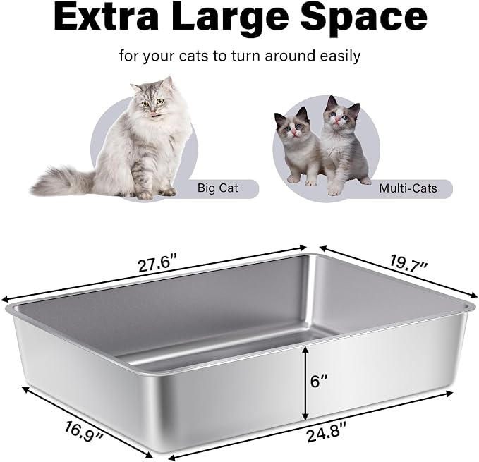 Stainless Steel Litter Box, Steel Litter Box XXXL | 28" X 20" X 6", Extra Large Metal Litterbox for Big Cat, Multiple Cats, No Smell, Non Stick, Easy Cleaning