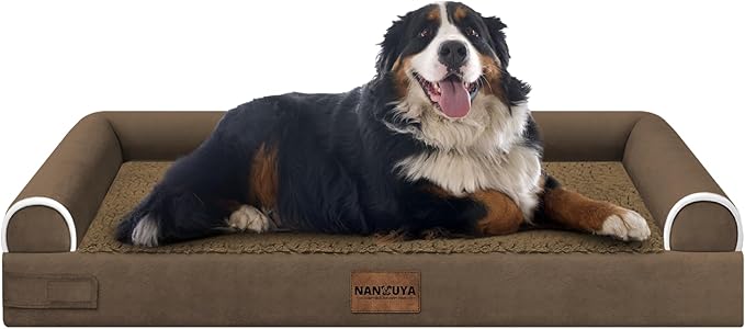 NANUYA Orthopedic Dog Bed for Jumbo Dogs, 53 x 42 Inch, Coffee | Egg crate foam for joint support, 3-sided bolster pet sofa, waterproof lining, washable cover, and non-skid base