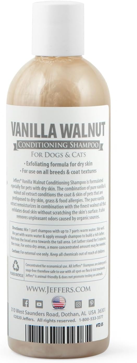 Jeffers Pet Vanilla Walnut Conditioning Dog & Cat Shampoo, 17 oz – Deodorizing Grooming Wash, Coconut Based Soap Free Formula, Walnut Oil & Vanilla Extract, Vitamins A D E, Concentrated Coat Care