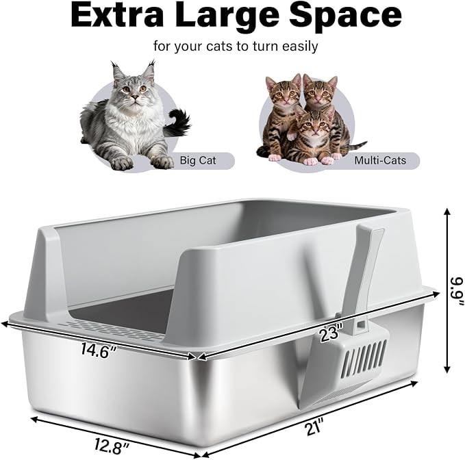 XL Stainless Steel Litter Box with High Sides, Extra Large Metal Cat Litter Box for Big Cats, Anti-Urine Leakage, Easy Clean, Non-Sticky, Includes Scoop & Mat