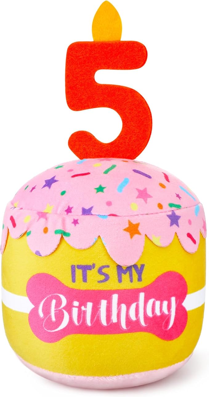Dansydaisy Dog Birthday Cake Toy Squeaky Plush Toy for Girl Boy Gifts, Chew Accessories for Dog Birthday Party Decor Favor for Large, Medium and Small Dogs(5th,Pink and Yellow)