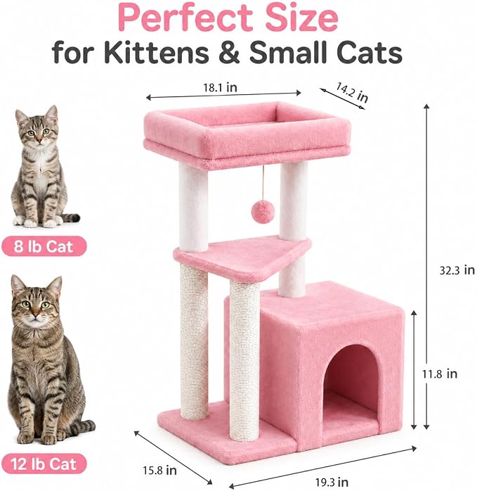 Small Cat Tree Tower for Indoor Cats, 33 Inches Multi-Level Cat Condo with Scratching Posts, Large Perch, Hanging Toy for Large Adult Cats, Pink