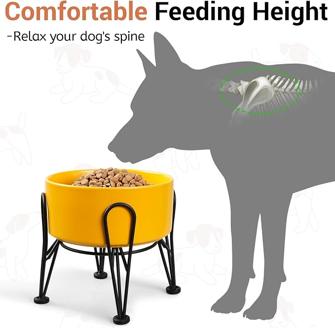 Elevated Dog Bowls, Ceramic Raised Dog Bowl Set with Anti-Slip and Non-Tip Metal Stand, 2 Pack Pet Food and Water Feeding Bowls for Small and Medium Dogs (Yellow,3.6 Cups)