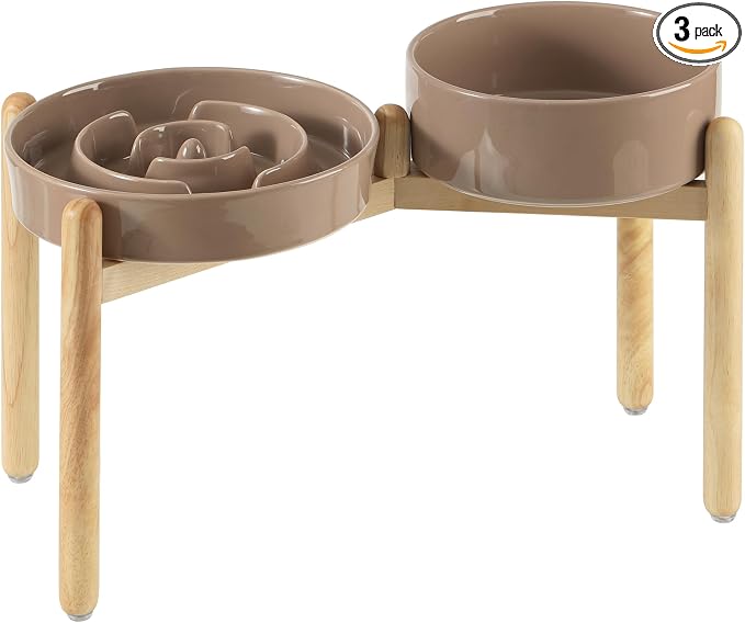 Havniva 9.5” Raised Slow Feeder Dog Bowls Set, 3.2 Cups Ceramic Slow Feeder Dog Bowl and 8.2” Dog Water Bowl with Elevated Wooden Stand Puzzle Dog Food Bowl for Large Dogs Anti-Gulping & Anti-Choking