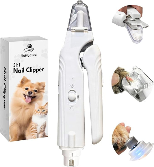 2-in-1 Dog & Cat Nail Clipper and Grinder with Light - USB Rechargeable Pet Nail Trimmer with Safety Guard for Thick Nails, Quiet Professional Grooming Tool