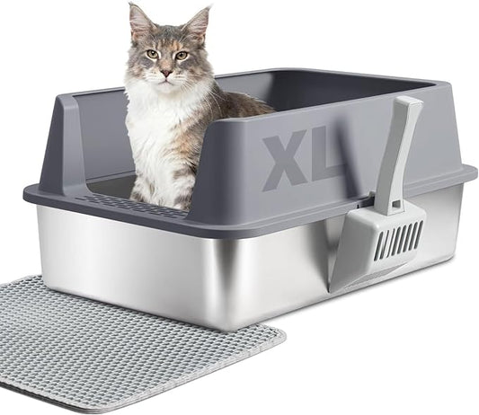 Stainless Steel Cat Litter Box with Lid, XL Metal Litter Box, Extra Large Litterbox for Big Cats, High Sided | Easy Cleaning | Odor-Free Includes Scoop and Mat