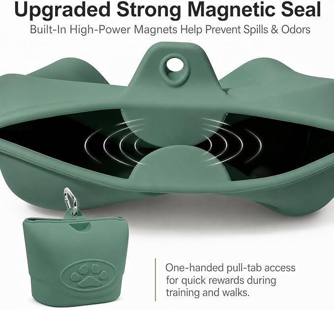 Upgraded Dog Treat Pouch with Strong Magnetic Closure - Small Silicone Training Bag, Waist-Mounted Clip & Leash Carabiner, Airtight Portable Treat Bag (Dark Green)