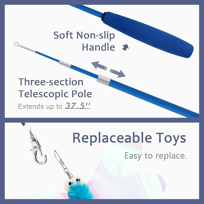 SONGWAY Cat Wand Toys for Indoor Cats - Cat Toy Set with Retractable Teaser Wand and 6 PCS Fairy Feather Toy Refills, Dragonfly Tassel Plush Cat Toys Interactive, Blue
