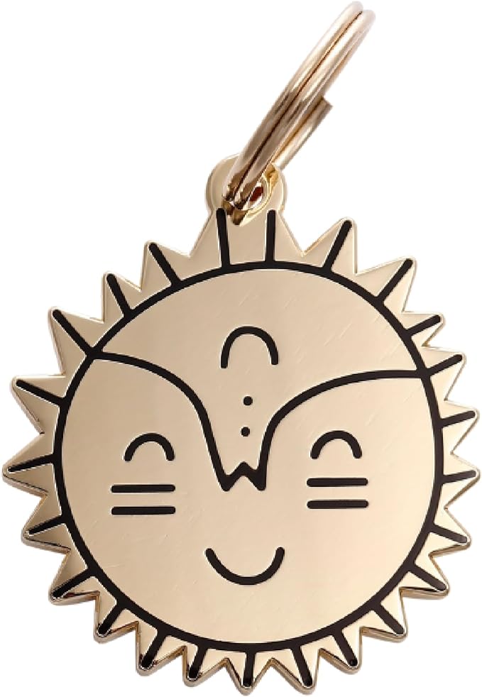 Two Tails Pet Company Personalized 'Smiling Sun' Pet ID Tag - Custom Engraved Dog Tags for Pets - Durable Brass, Gold Plating