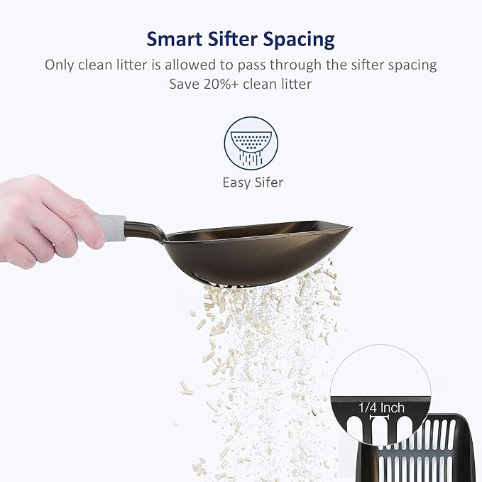 WePet Cat Litter Scoop, Non-Stick Plated Aluminum Alloy Sifter, Kitty Durable Metal Scooper, Deep Shovel, Long Handle, Kitten Pooper Lifter, Size Large, Coated Black Body with Grey Handle