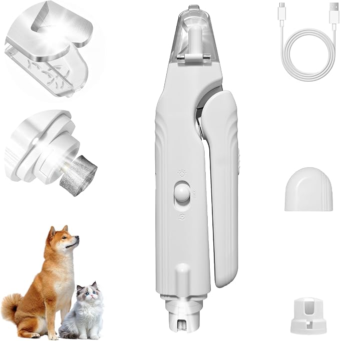 2-in-1 Dog Nail Clippers and Cat Nail Clippers with Light, Quick Sensor and Safety Guard, USB Rechargeable Pet Nail Trimmer with 2 LED Lights for Large Medium Small Dogs and Cats (White)