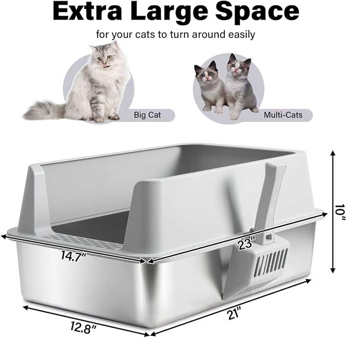 Stainless Steel Litter Box with Lid, XL Metal Litter Box 2 Pack | Extra Large Cat Litter Boxes for Big/Multiple Cats, High Sided, Easy Cleaning, No Smell, Includes Scooper and Mat
