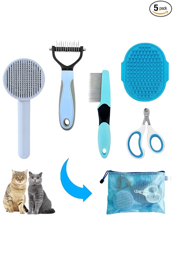 Grooming Brush Kit - 5pcs for Shedding & Matted Fur, Self-Cleaning with Flea Comb for Indoor Long-Haired Cats, Blue