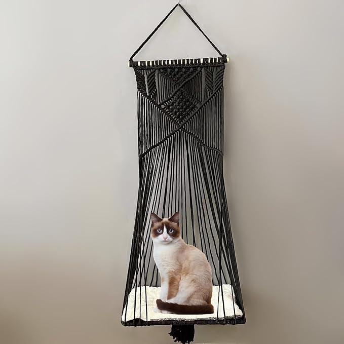 Macrame Hanging Cat Hammock Bed Cat Swing House Space Saving Window Perch with Washed Cotton Cats Toy Tassel Basket Tapestry (Black, Swing Bed+Cushion, XL)