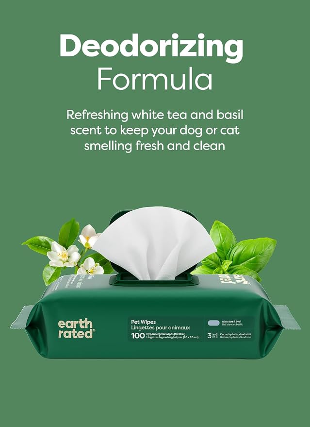 Earth Rated Dog Wipes for Paws & Butt, Deodorizing, White Tea & Basil 400ct | Hypoallergenic, 3-in-1 Cleaning and Hydrating, for Grooming Paws, Body and Butt