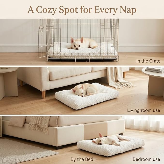 Small Dog Bed for Crate,22 Inch Washable Dog Crate Pad for Dog Cages,Soft Jacquard Flannel Puppy Kennel Bed with Anti-Slip Bottom,Fluffy Dog Mat for Small Dogs,White