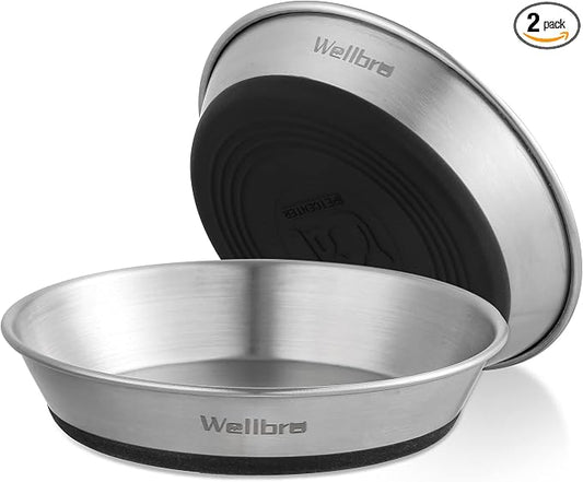 Cat Bowls, 2 Pcs Stainless Steel Cat Bowls for Food and Water, Whisker Fatigue Shallow Non-Slip Dishes Plates for Small Dog Puppies Cats