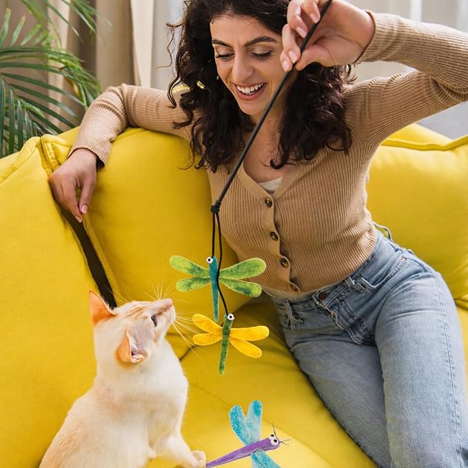 Glaciart One Cat Wand Toy Refill – 3pcs Wool Dragonfly Felt Cat Toy, Durable Lures Attachments for Indoor Play - Filled w/Organic Catnip to Excite/Calm Pet