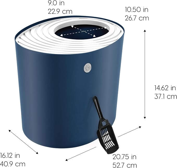 IRIS USA Large Cat Litter Box with Lid, Top Entry Design, Covered Enclosure, Dog Proof, Litter Scatter Control, Odor Reducing, Includes Scoop for Indoor Cats & Kittens, Navy/White, Made in the USA