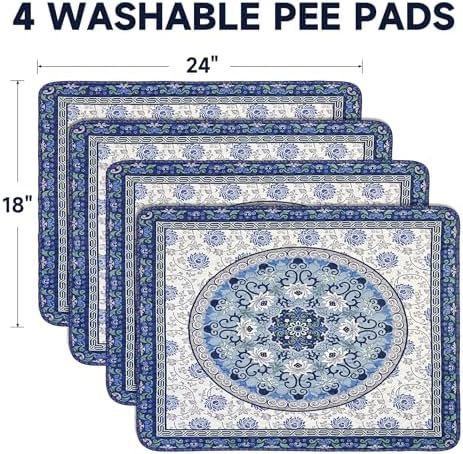Washable Pee Pads for Dogs 4 Pack,18"x24" Waterproof Non-Slip Reusable Puppy Pad with Fast Absorbent,Leakproof Whelping Pads for Pet Housebreaking (Indigo Blue Medallion, 18"x24"(Pack of 4))