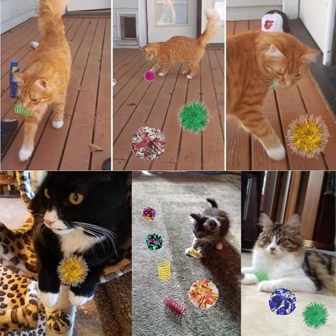 36 PCS Cat Crinkle Balls Toy and Cat Spring Toy, 12 Pcs Mylar Crinkle Ball, 12 Pcs Cat Spiral Spring, 12Pcs Sparkle Balls Tinsel poms, for Cats Kittens Playing Interacting