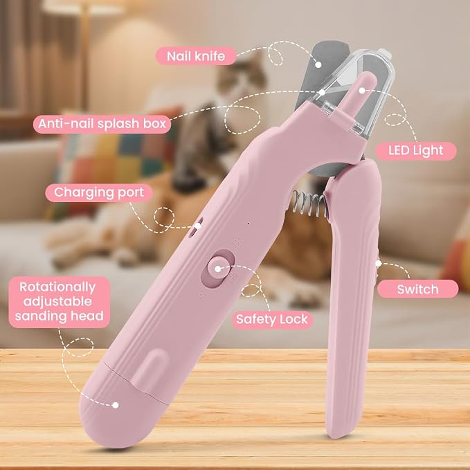 2-in-1 Dog Nail Grinder & Dog Nail Clippers Trimmers, Dogs Trimmer with LED Light + Splash Guard + Storage Case, Pet Claw Clippers for Dogs Cats, USB Rechargeable (Pink)